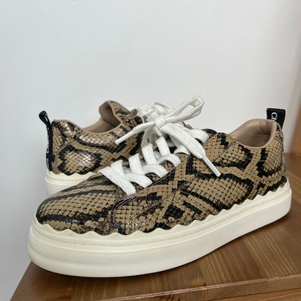 Chloe Lauren Snakeskin Embossed Leather Scalloped Low Top Sneakers Brown 38 - Picture 2 of 11